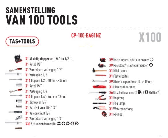SAM stoffen gereedschapstas 100 delig CP-100-BAG1N - Afbeelding 2